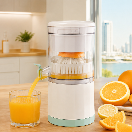 Automatic citrus juicer pouring fresh orange juice into a glass