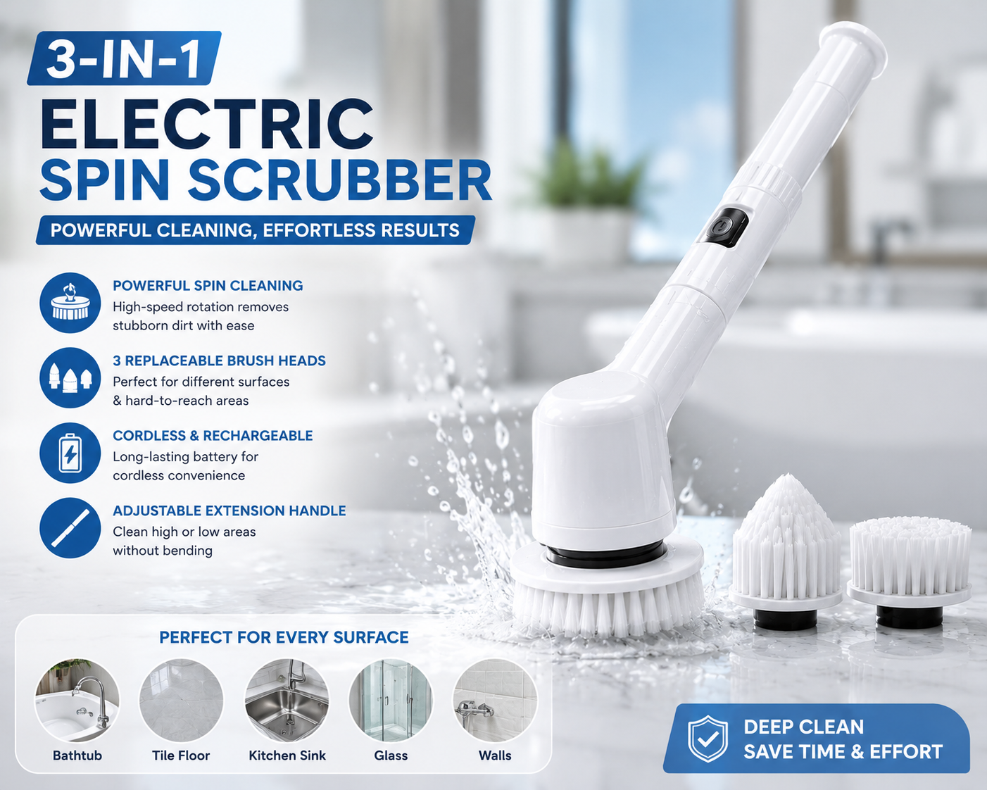 3-in-1 Electric Spin Scrubber | Cordless Rechargeable Cleaning Brush | Nestora