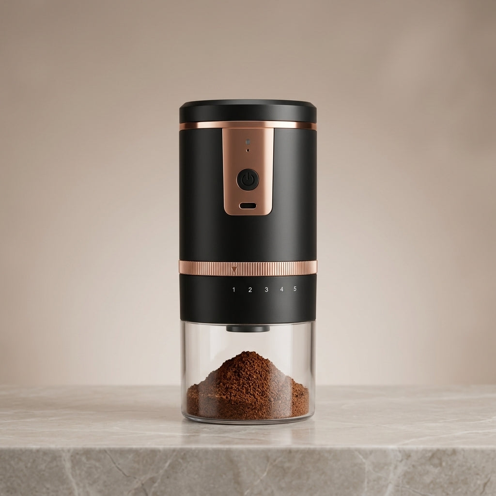 Black and rose gold portable electric coffee grinder with ground coffee