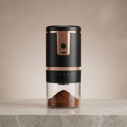 Black and rose gold portable electric coffee grinder with ground coffee