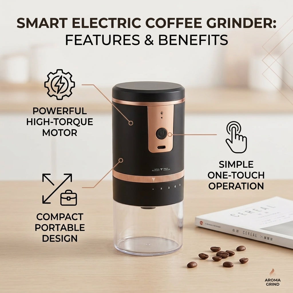 Portable Electric Coffee Grinder features and benefits infographic