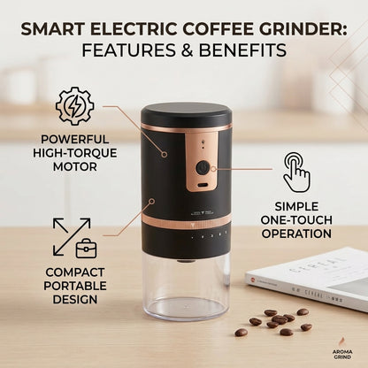 Portable Electric Coffee Grinder features and benefits infographic