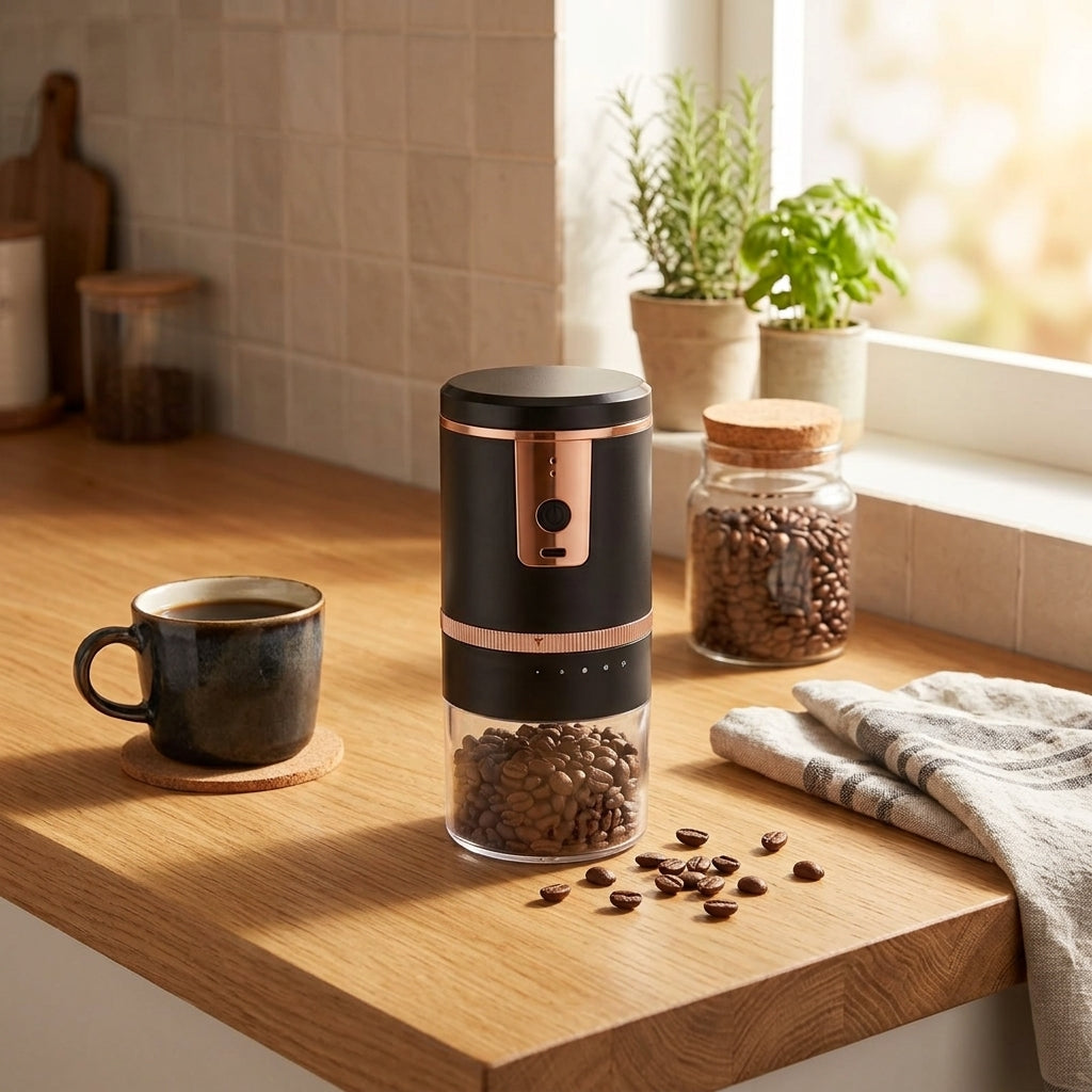 Portable Electric Coffee Grinder in a kitchen with coffee beans and cup