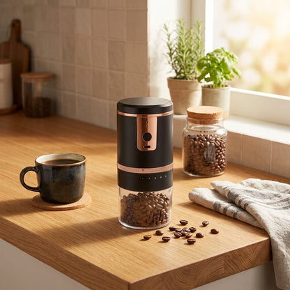 Portable Electric Coffee Grinder in a kitchen with coffee beans and cup
