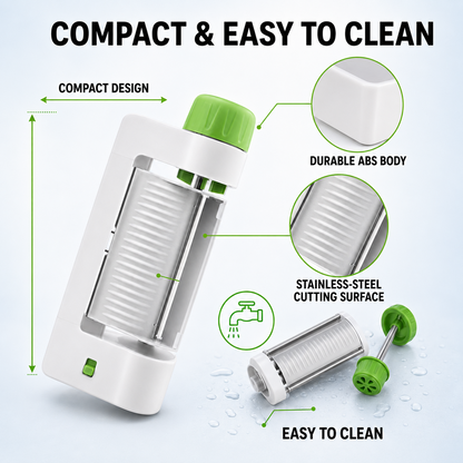 Compact easy-clean vegetable slicer with stainless steel cutting surface