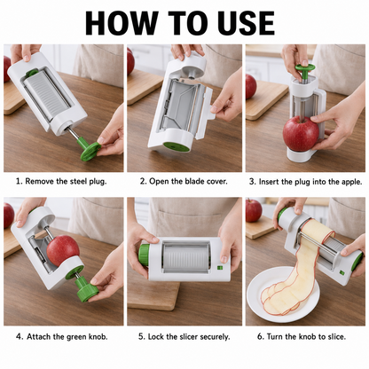 Six-step guide for using the manual vegetable slicer