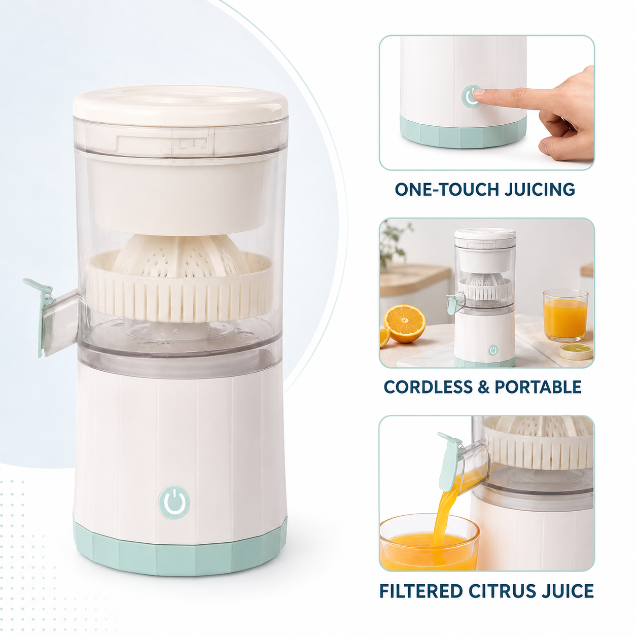 One-touch cordless automatic citrus juicer and filtered side spout
