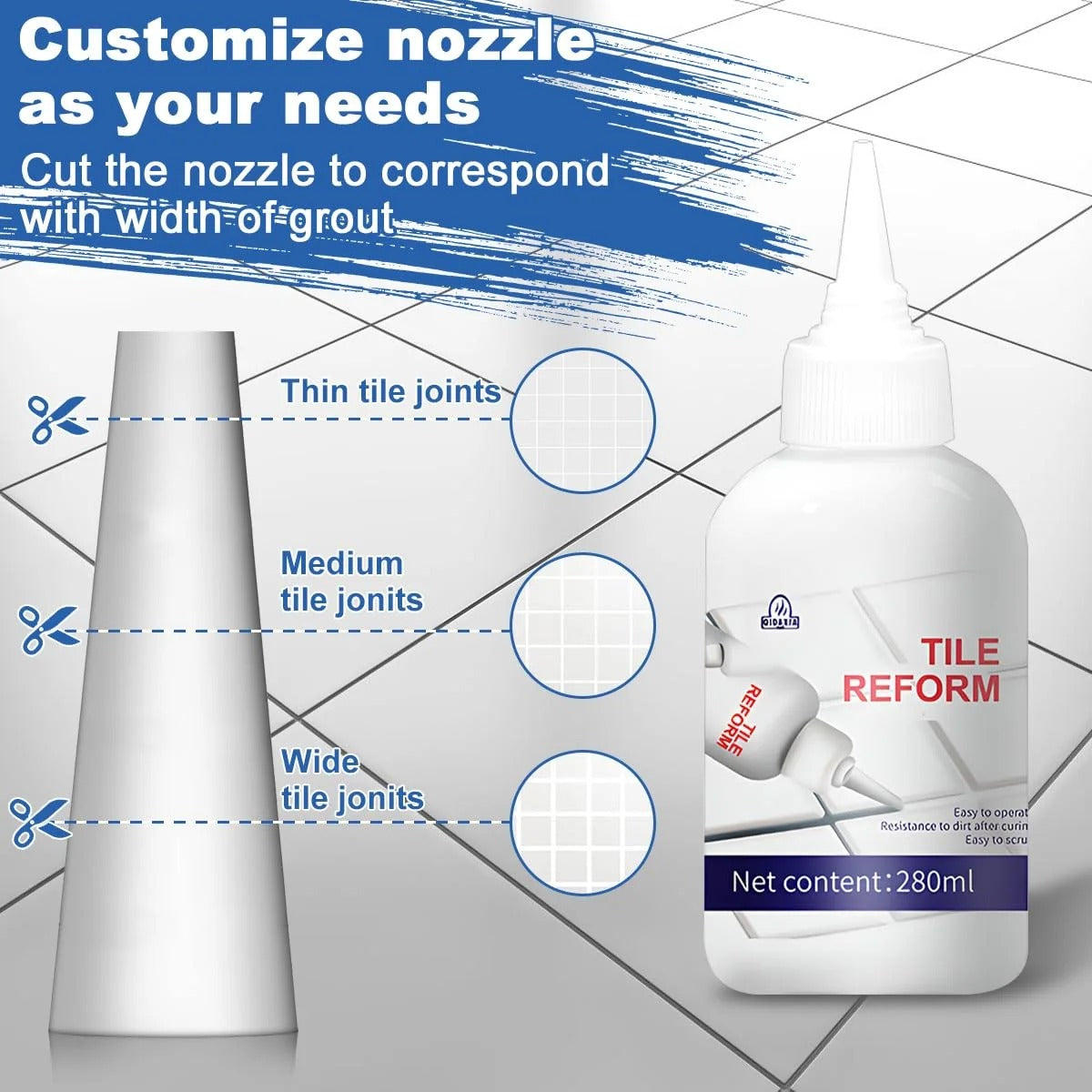 Adjustable precision nozzle widths for Tile Reform grout sealer