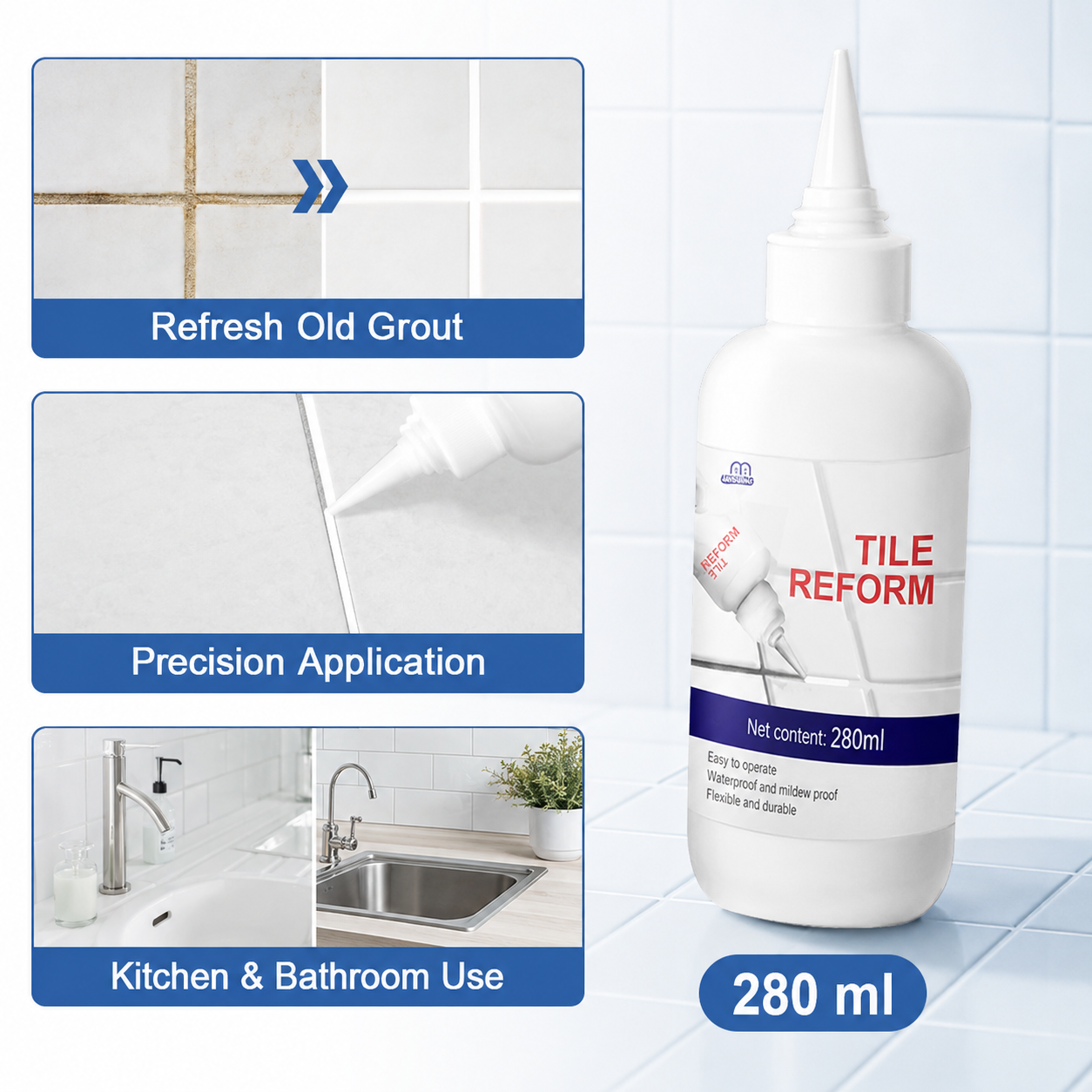 Tile Reform 280 ml grout restorer benefits for kitchen and bathroom use