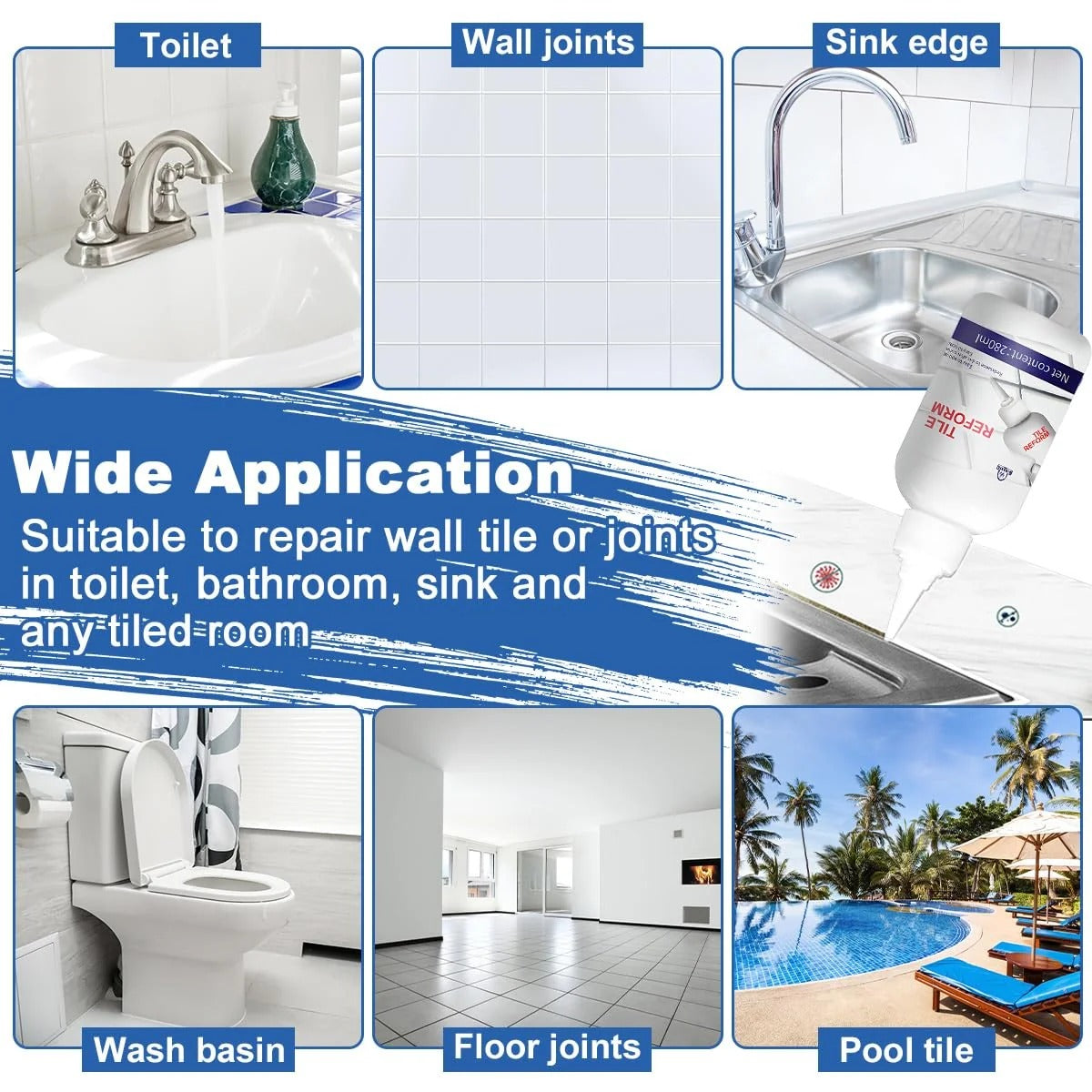 Tile Reform grout restorer for sinks toilets walls floors and pool tiles