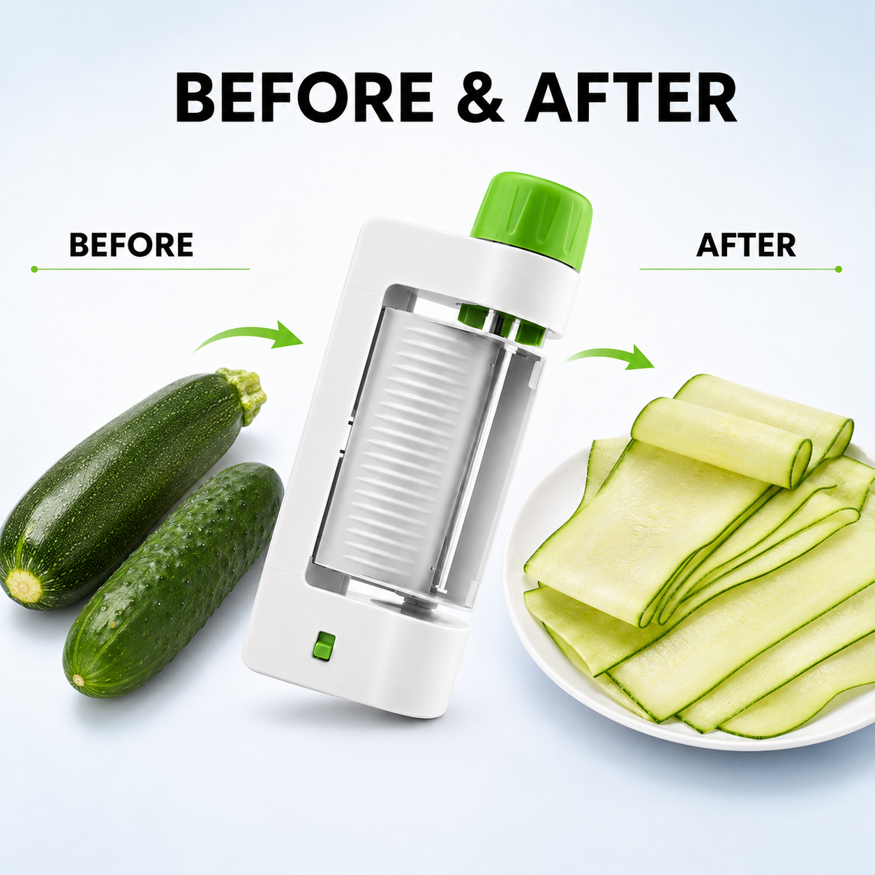 Before and after vegetables sliced into thin even sheets