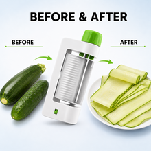 Before and after vegetables sliced into thin even sheets