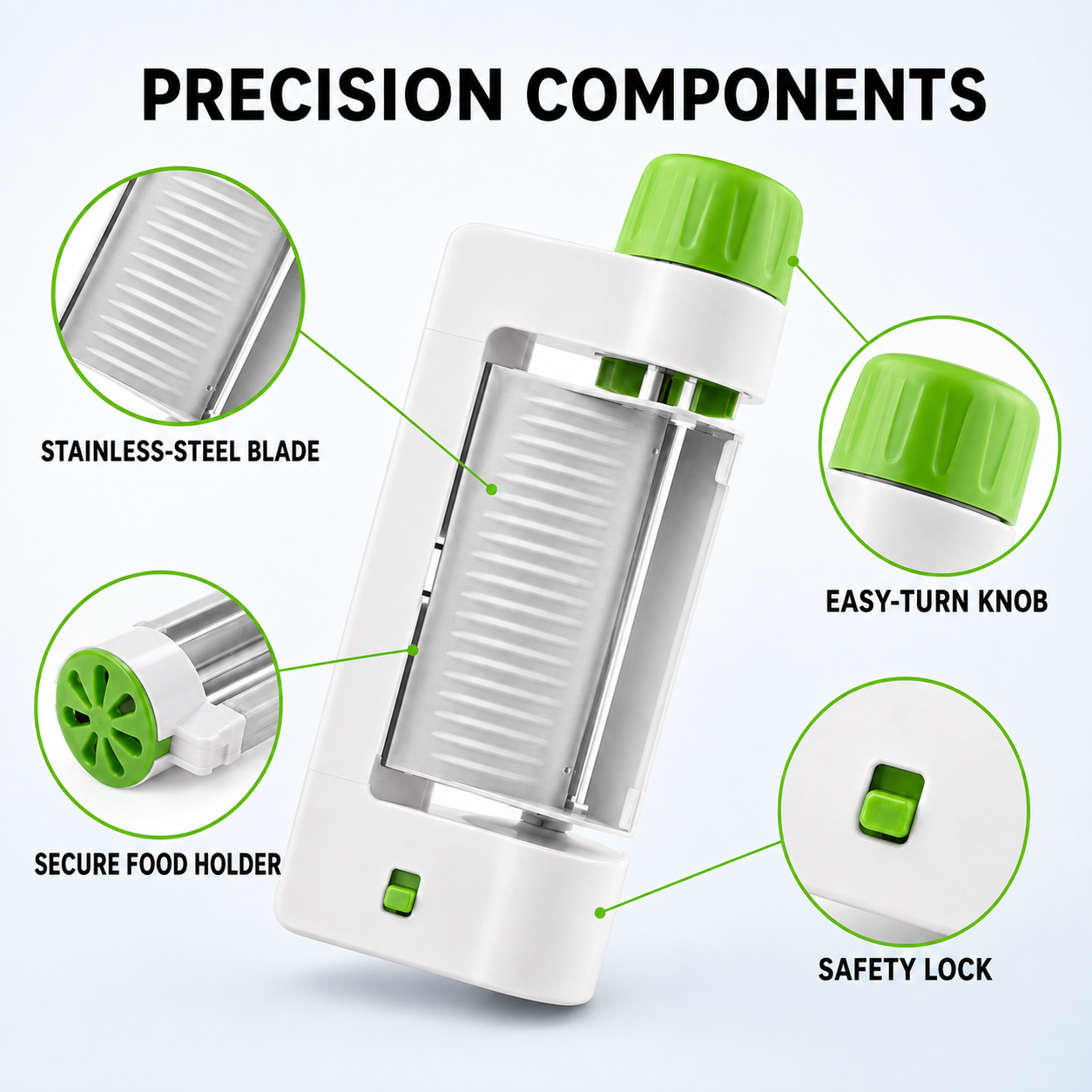Manual vegetable slicer stainless steel blade safety lock and food holder